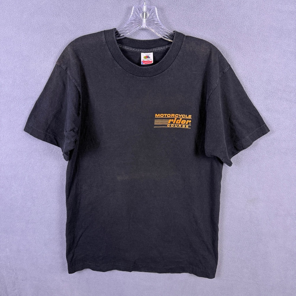 VTG Fruit of the Loom Motorcycle Rider Course Mens Large Black Graphic T-Shirt